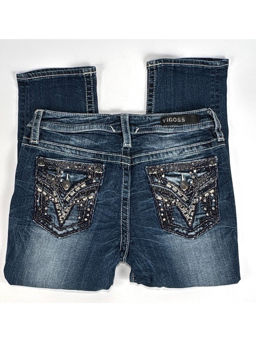 Vigoss Heritage Fit Capri Jeans Womens 6 Inseam 21 Mid Rise Flap Pockets Bling